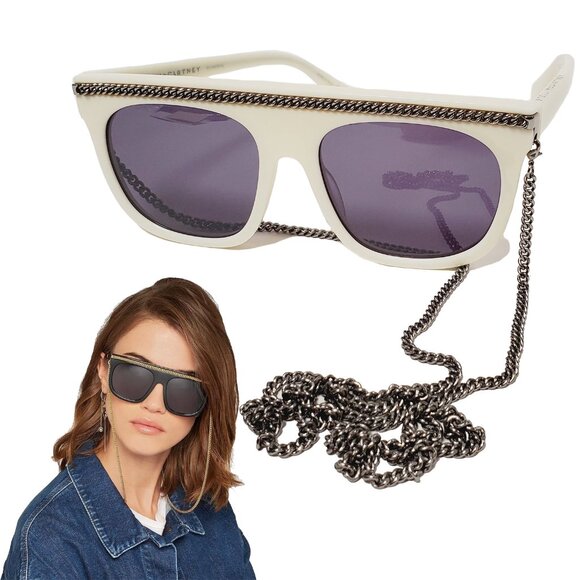 STELLA MCCARTNEY SUNGLASSES SC00435 OVERSIZED WHITE FALABELLA SILVER CHAIN